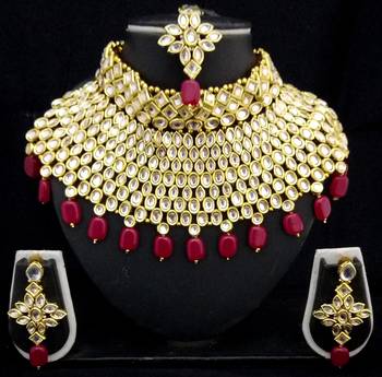 Charming Jewelry Pearl Kundan Choker Bridal Necklace Earrings Tikka 4pc Set 1