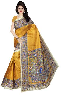 Mustard printed khadi saree with blouse 1