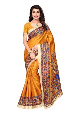 Yellow printed khadi saree with blouse 1