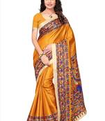 Yellow printed khadi saree with blouse