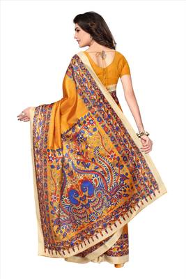 Yellow printed khadi saree with blouse 2