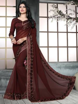 Brown embroidered georgette saree with blouse 1