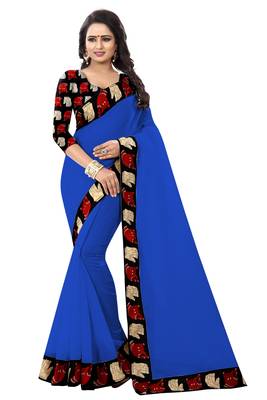 Blue plain chanderi saree with blouse 1