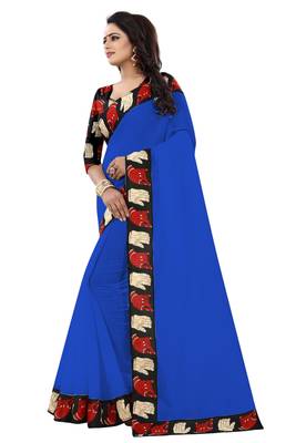 Blue plain chanderi saree with blouse 2