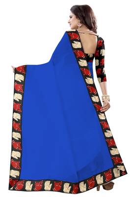 Blue plain chanderi saree with blouse 3