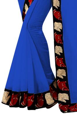 Blue plain chanderi saree with blouse 4