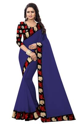 Navy blue plain chanderi saree with blouse 1