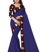 Navy blue plain chanderi saree with blouse