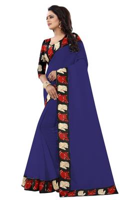Navy blue plain chanderi saree with blouse 2
