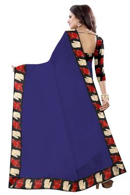 Navy blue plain chanderi saree with blouse 3