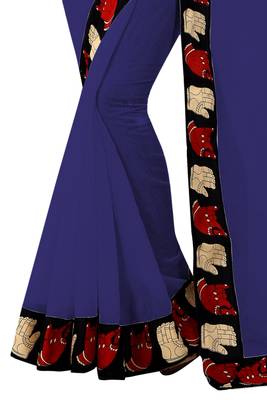 Navy blue plain chanderi saree with blouse 4