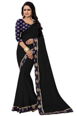 Black plain cotton saree with blouse 1