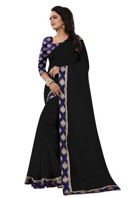 Black plain cotton saree with blouse 2