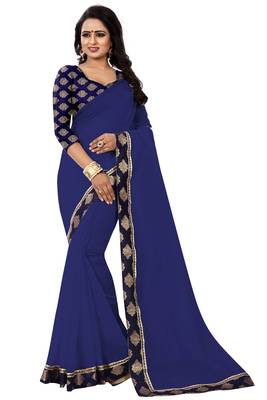 Navy blue plain chanderi saree with blouse 1