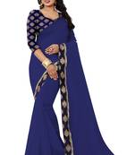 Navy blue plain chanderi saree with blouse