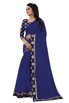 Navy blue plain chanderi saree with blouse 2