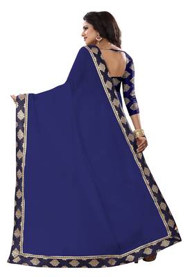 Navy blue plain chanderi saree with blouse 3