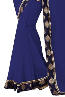 Navy blue plain chanderi saree with blouse 4