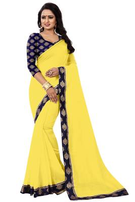 Yellow plain cotton saree with blouse 1