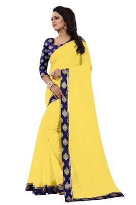 Yellow plain cotton saree with blouse 2