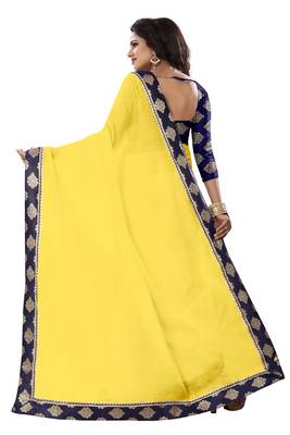 Yellow plain cotton saree with blouse 3
