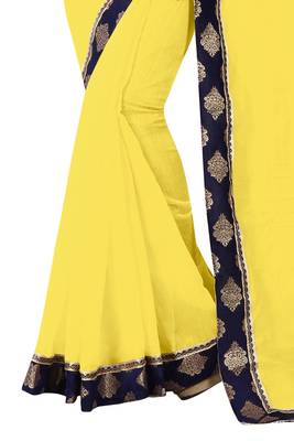 Yellow plain cotton saree with blouse 4