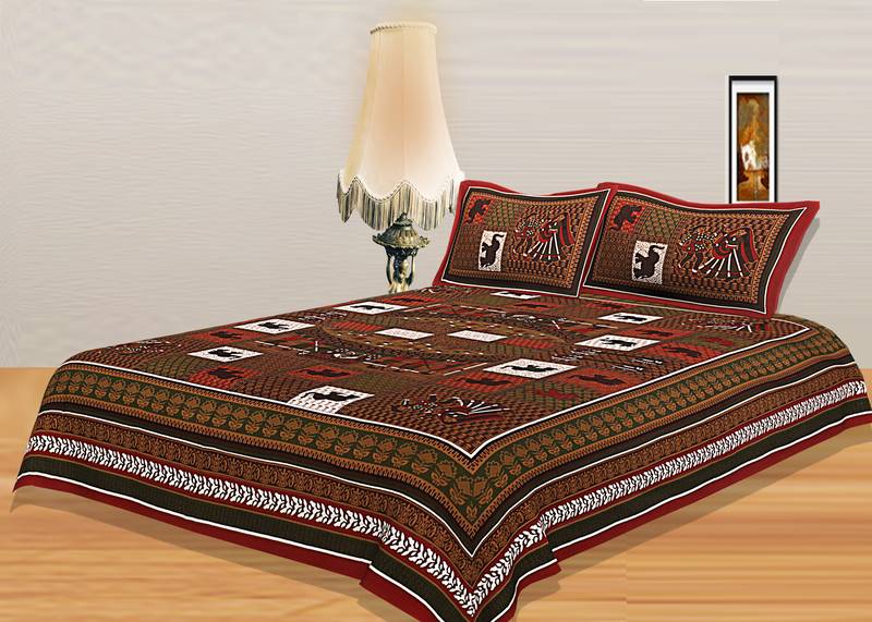 Multicolor Indian Traditional Style Cotton Doli  Print Bed Sheets & Pillow Covers