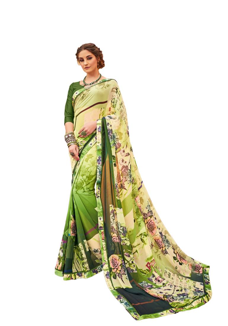 Women's Cotton Light Green Printed Designer Saree With Blouse Piece