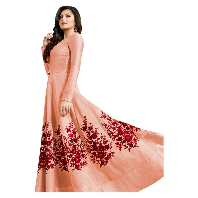 Peach Dupion Dupion semi_stitched anarkali ethnic-suits