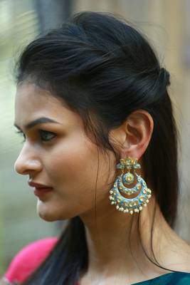 Gold Plated Kundan With Shell Pearls Turquoise Chand Baali 1