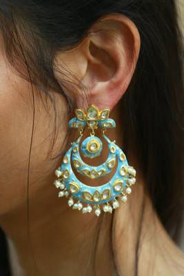 Gold Plated Kundan With Shell Pearls Turquoise Chand Baali 2