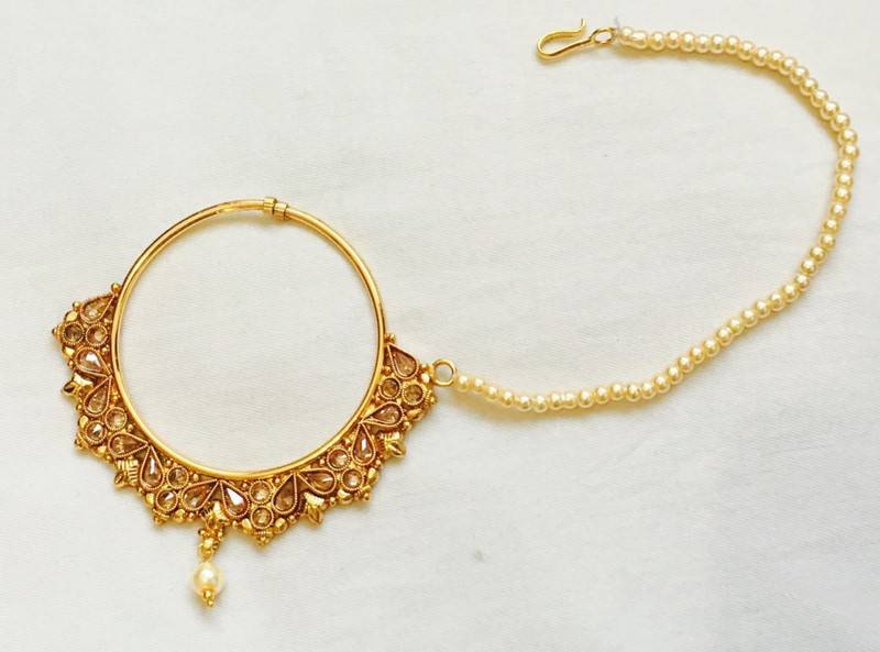 Ethnic India Polki Big Bridal Nose Ring Press Nath Type With Pearl String Nr22