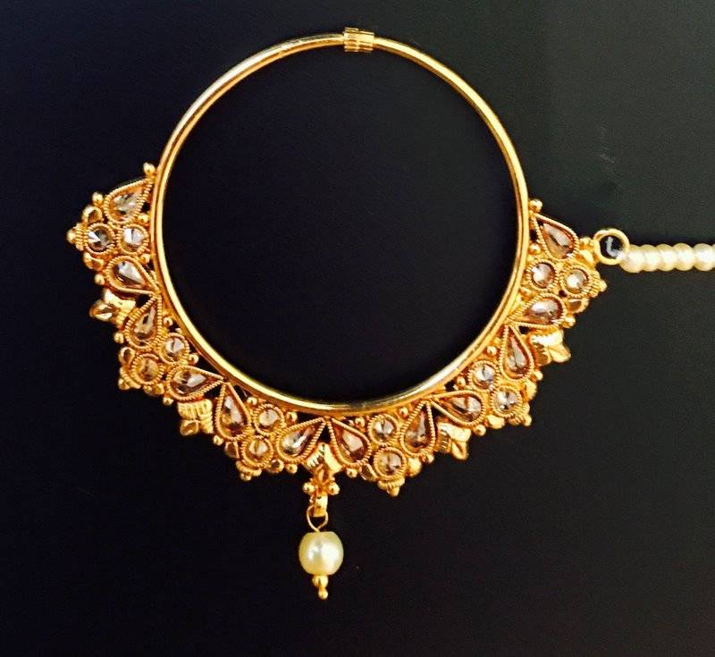 Ethnic India Polki Big Bridal Nose Ring Press Nath Type With Pearl String Nr22