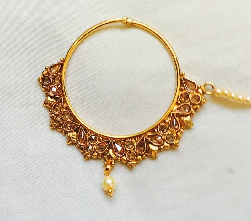 Ethnic India Polki Big Bridal Nose Ring Press Nath Type With Pearl String Nr22