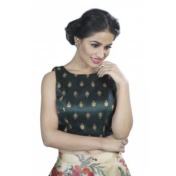 Dark Green Embroidered Long Saree Blouse 1