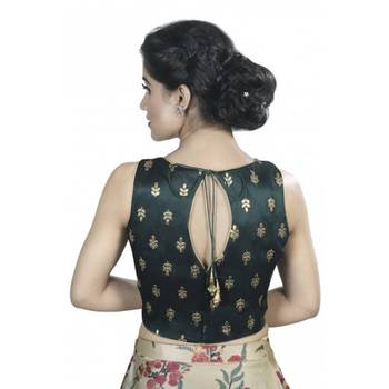 Dark Green Embroidered Long Saree Blouse 3