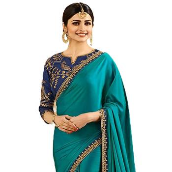 Turquoise embroidered silk saree with blouse 2