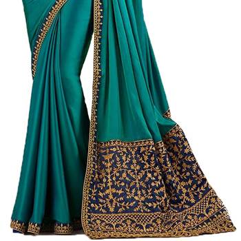 Turquoise embroidered silk saree with blouse 3