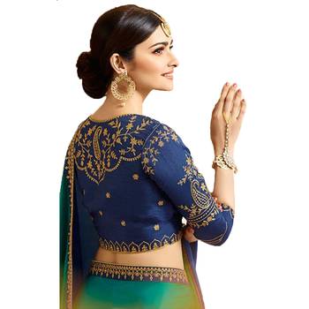 Turquoise embroidered silk saree with blouse 5