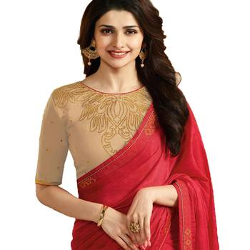 Red printed georgette saree with blouse 4