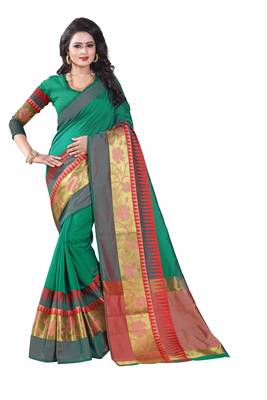 Green woven cotton saree with blouse 1