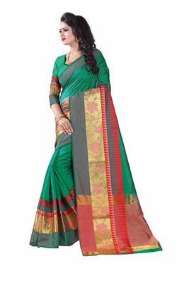 Green woven cotton saree with blouse 2