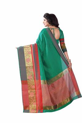 Green woven cotton saree with blouse 3