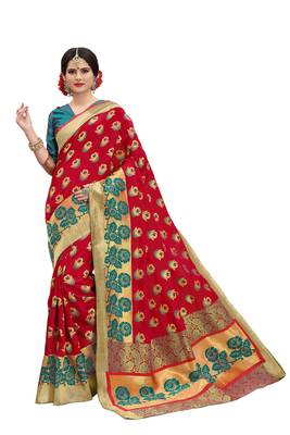 Red woven banarasi silk saree with blouse 1