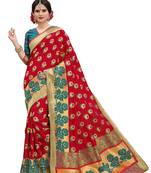 Red woven banarasi silk saree with blouse