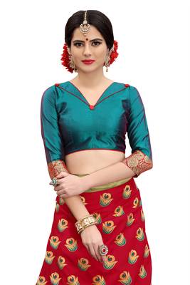 Red woven banarasi silk saree with blouse 4
