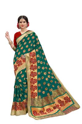 Green woven banarasi silk saree with blouse 1
