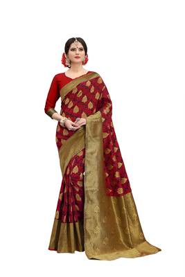 Red woven banarasi silk saree with blouse 1