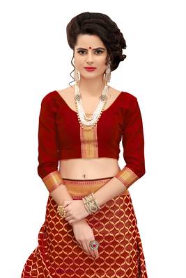 Red woven banarasi silk saree with blouse 4