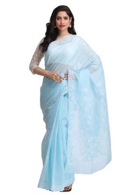 ADA Women Blue Hand Embroidered Lucknow Chikankari Cotton Saree With Blouse - A159238 1